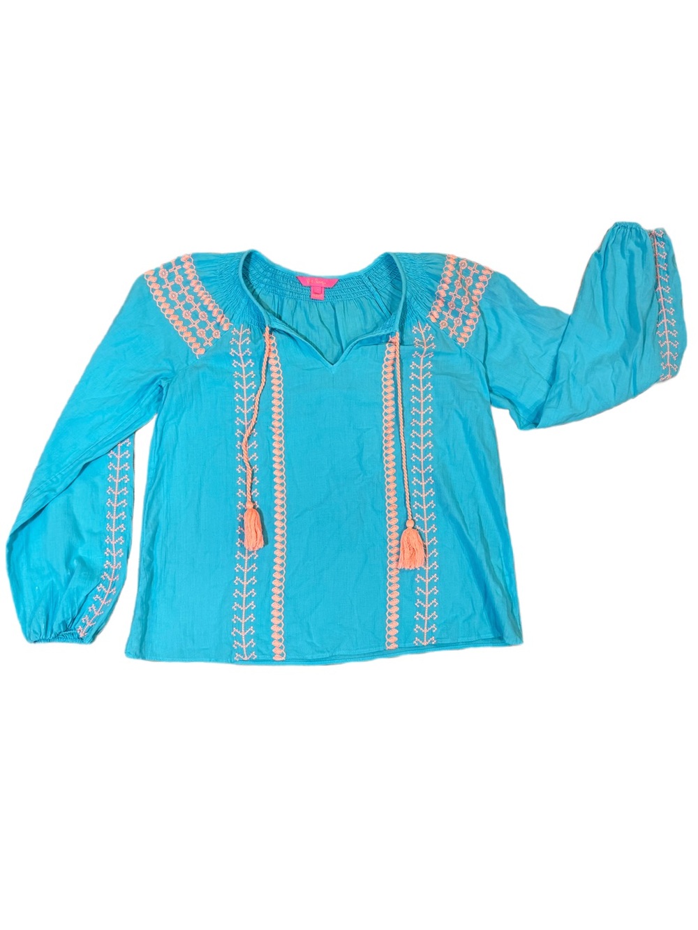 Lilly Pulitzer Embroidered Tassel Blouse Small Teal Pink Boho Peasant Top